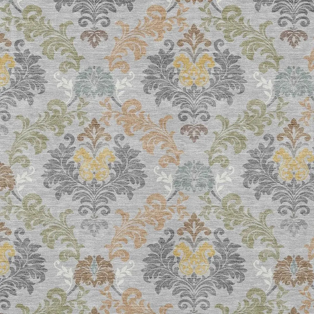 5' X 8' Silver And Sage Damask Washable Indoor Outdoor Area Rug Homeroots Outdoor