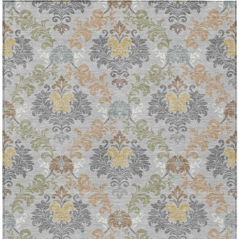5' X 8' Silver And Sage Damask Washable Indoor Outdoor Area Rug Homeroots Outdoor