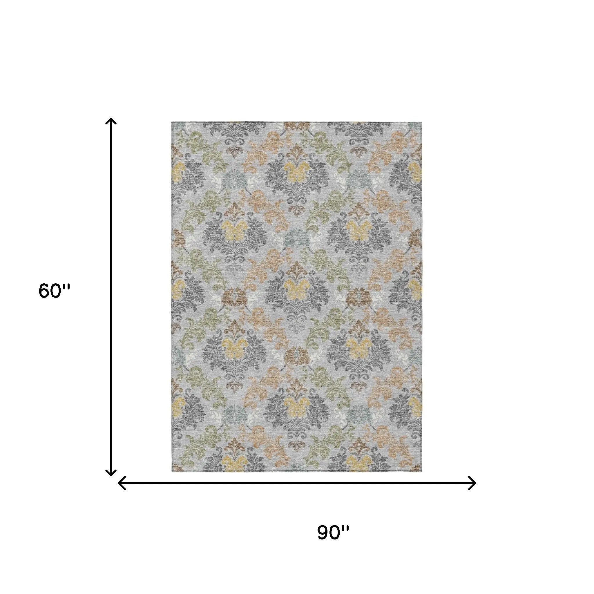 5' X 8' Silver And Sage Damask Washable Indoor Outdoor Area Rug Homeroots Outdoor