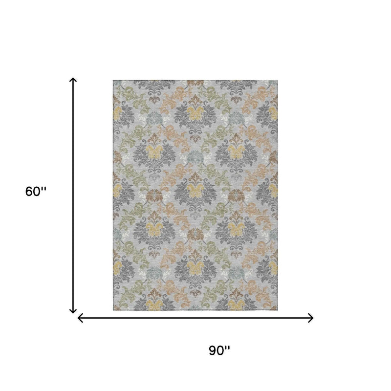 5' X 8' Silver And Sage Damask Washable Indoor Outdoor Area Rug Homeroots Outdoor
