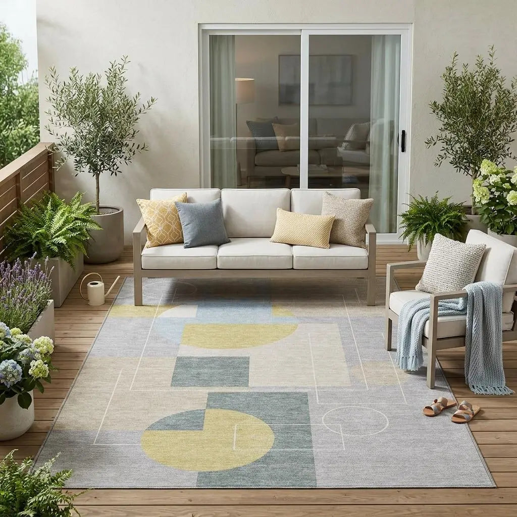 5' X 8' Silver And Sky Blue Geometric Washable Indoor Outdoor Area Rug Homeroots Outdoor
