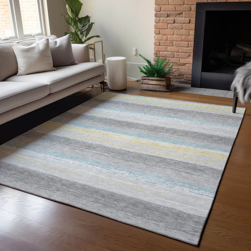 5' X 8' Silver And Taupe Striped Washable Indoor Outdoor Area Rug Homeroots Outdoor