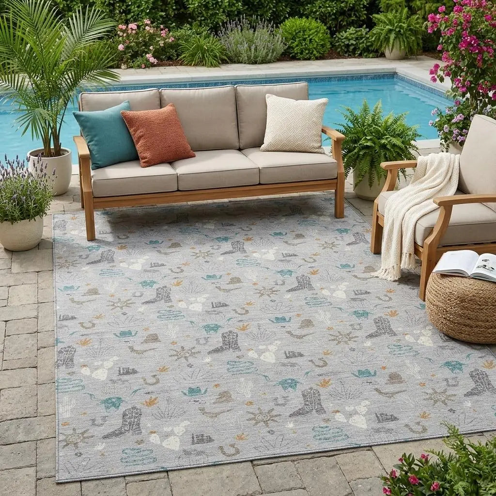 5' X 8' Silver And Teal Blue Cactus Washable Indoor Outdoor Area Rug Homeroots Outdoor