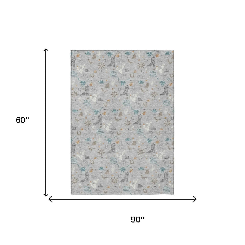 5' X 8' Silver And Teal Blue Cactus Washable Indoor Outdoor Area Rug Homeroots Outdoor