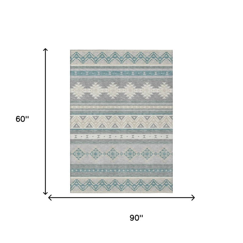 5' X 8' Silver And Teal Blue Southwestern Washable Indoor Outdoor Area Rug Homeroots Outdoor