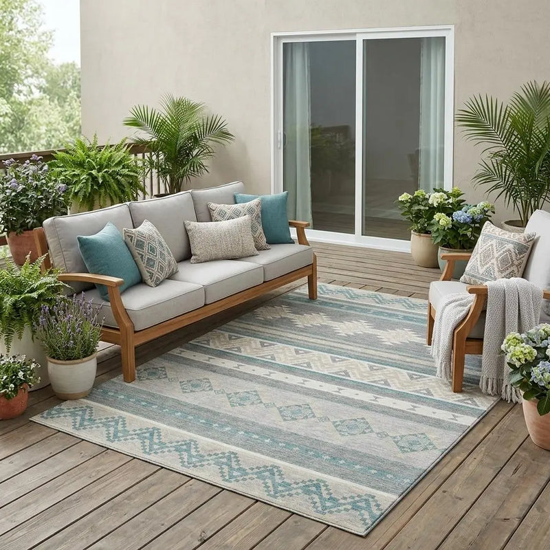 5' X 8' Silver And Teal Blue Southwestern Washable Indoor Outdoor Area Rug Homeroots Outdoor