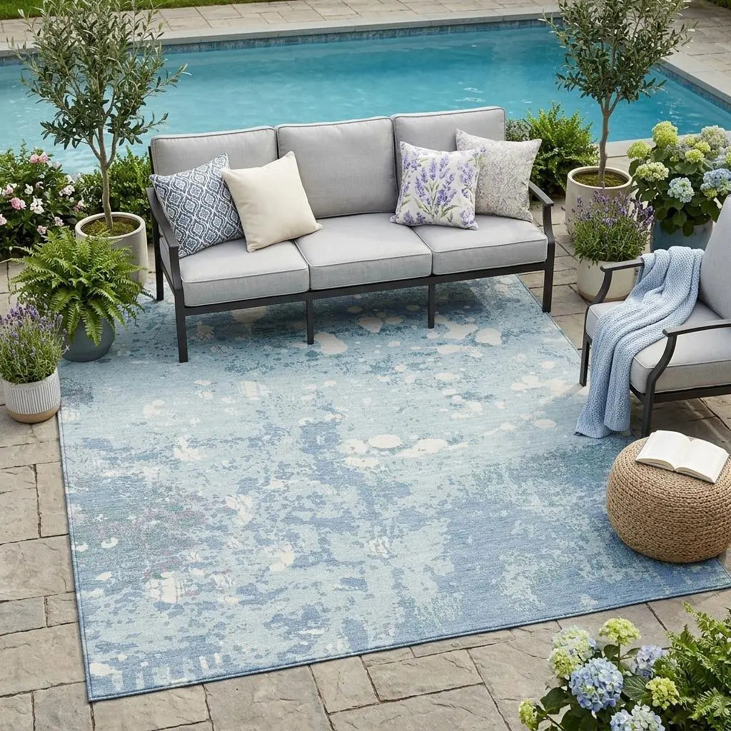 5' X 8' Sky Blue And Beige Abstract Washable Indoor Outdoor Area Rug Homeroots Outdoor