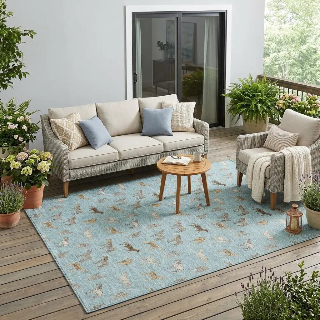 5' X 8' Sky Blue And Beige Horse Washable Indoor Outdoor Area Rug Homeroots Outdoor