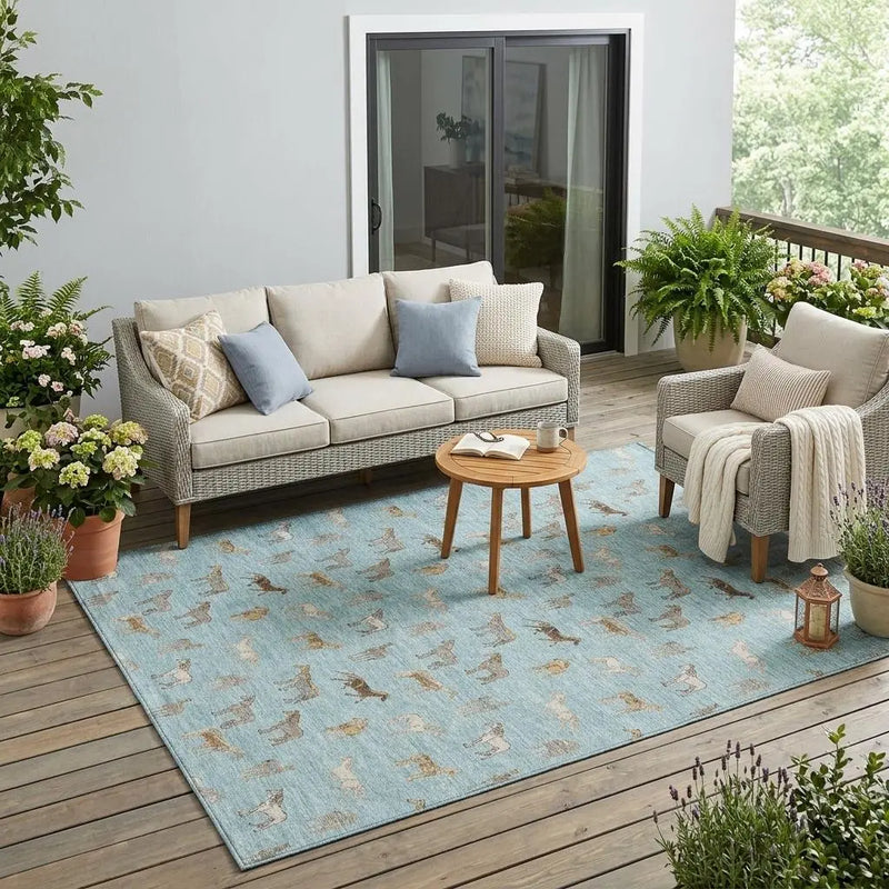 5' X 8' Sky Blue And Beige Horse Washable Indoor Outdoor Area Rug Homeroots Outdoor