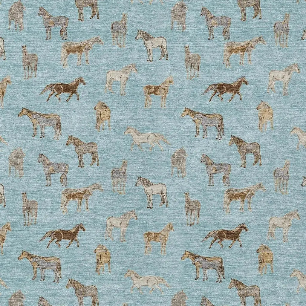 5' X 8' Sky Blue And Beige Horse Washable Indoor Outdoor Area Rug Homeroots Outdoor