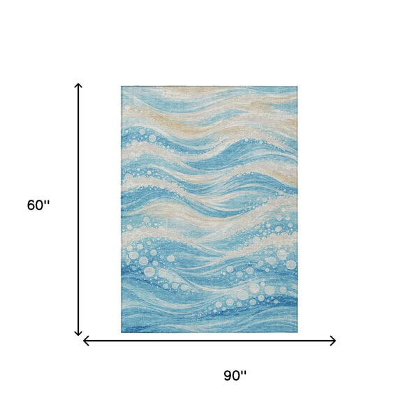 5' X 8' Sky Blue And Blue Abstract Washable Indoor Outdoor Area Rug Homeroots Outdoor