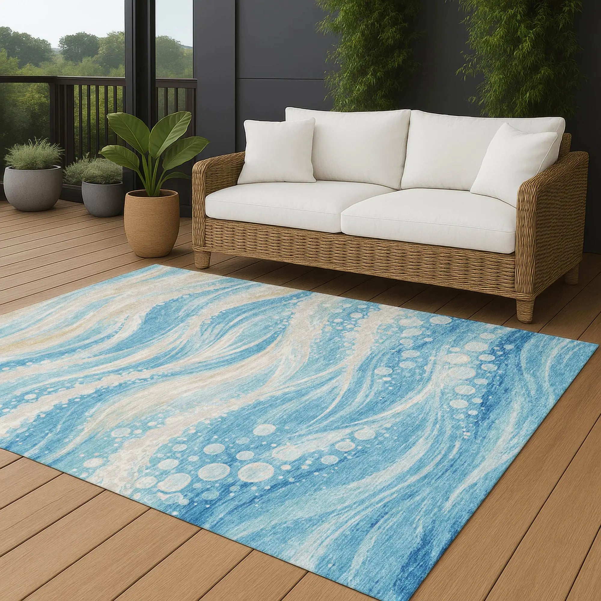 5' X 8' Sky Blue And Blue Abstract Washable Indoor Outdoor Area Rug Homeroots Outdoor