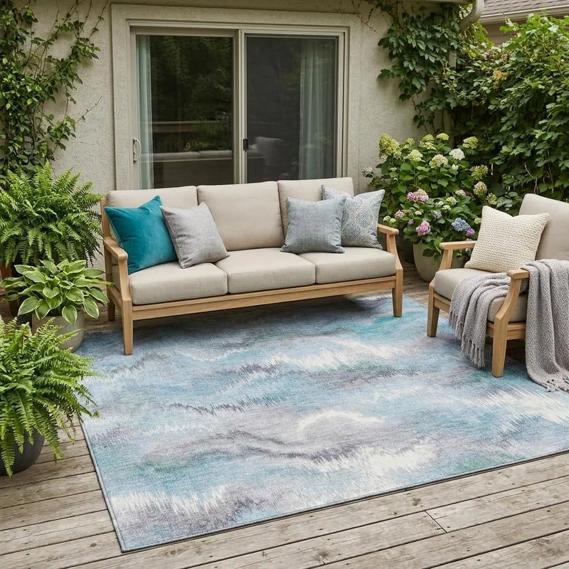 5' X 8' Sky Blue And Blue Abstract Washable Indoor Outdoor Area Rug Homeroots Outdoor