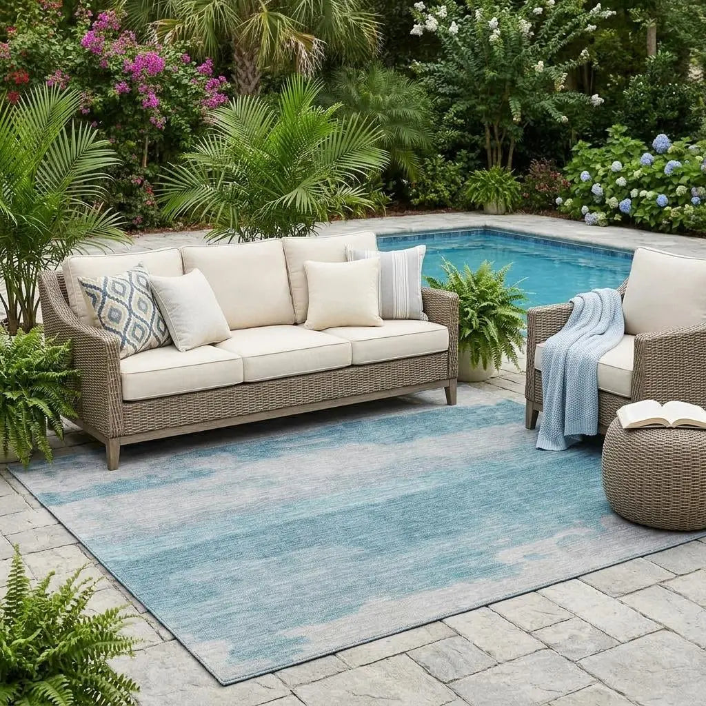 5' X 8' Sky Blue And Blue Abstract Washable Indoor Outdoor Area Rug Homeroots Outdoor