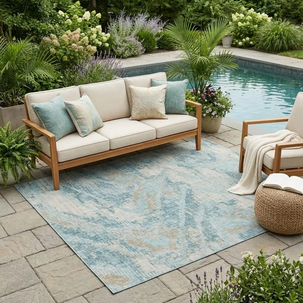 5' X 8' Sky Blue And Blue Abstract Washable Indoor Outdoor Area Rug Homeroots Outdoor