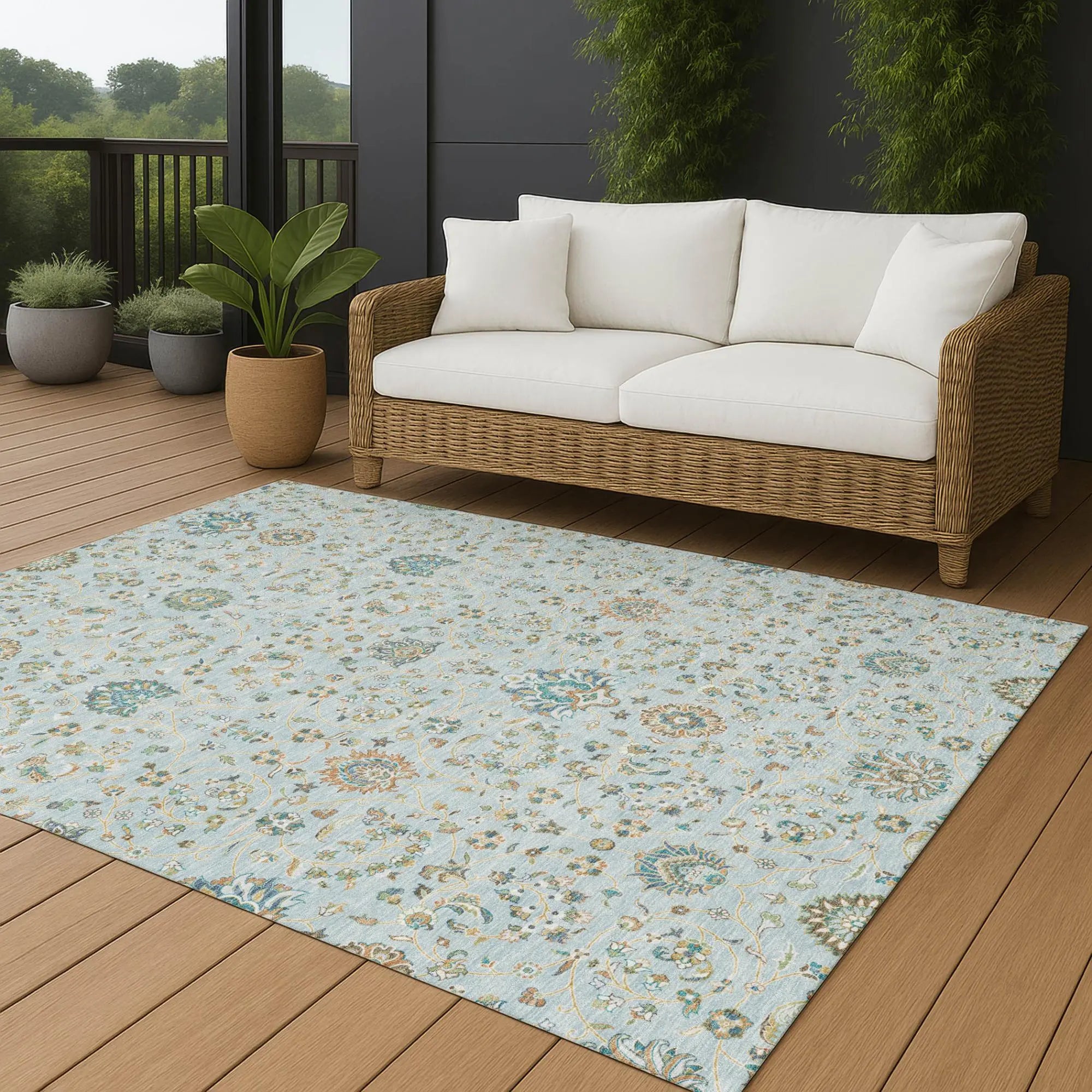 5' X 8' Sky Blue And Blue Floral Washable Indoor Outdoor Area Rug Homeroots Outdoor