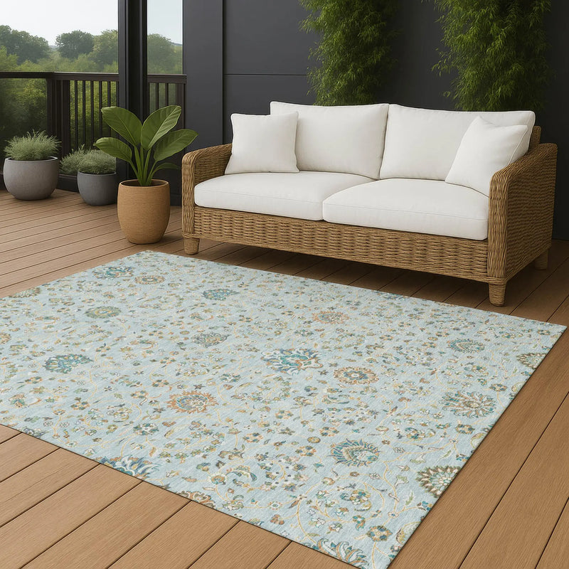 5' X 8' Sky Blue And Blue Floral Washable Indoor Outdoor Area Rug Homeroots Outdoor