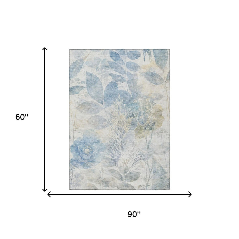 5' X 8' Sky Blue And Blue Floral Washable Indoor Outdoor Area Rug Homeroots Outdoor