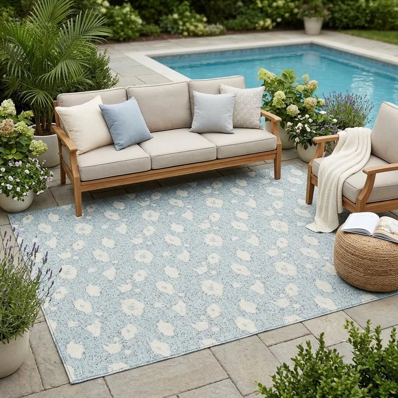 5' X 8' Sky Blue And Blue Floral Washable Indoor Outdoor Area Rug Homeroots Outdoor