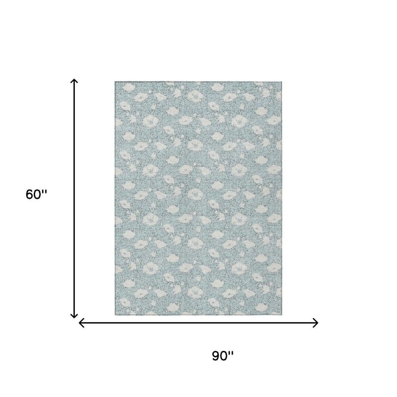 5' X 8' Sky Blue And Blue Floral Washable Indoor Outdoor Area Rug Homeroots Outdoor