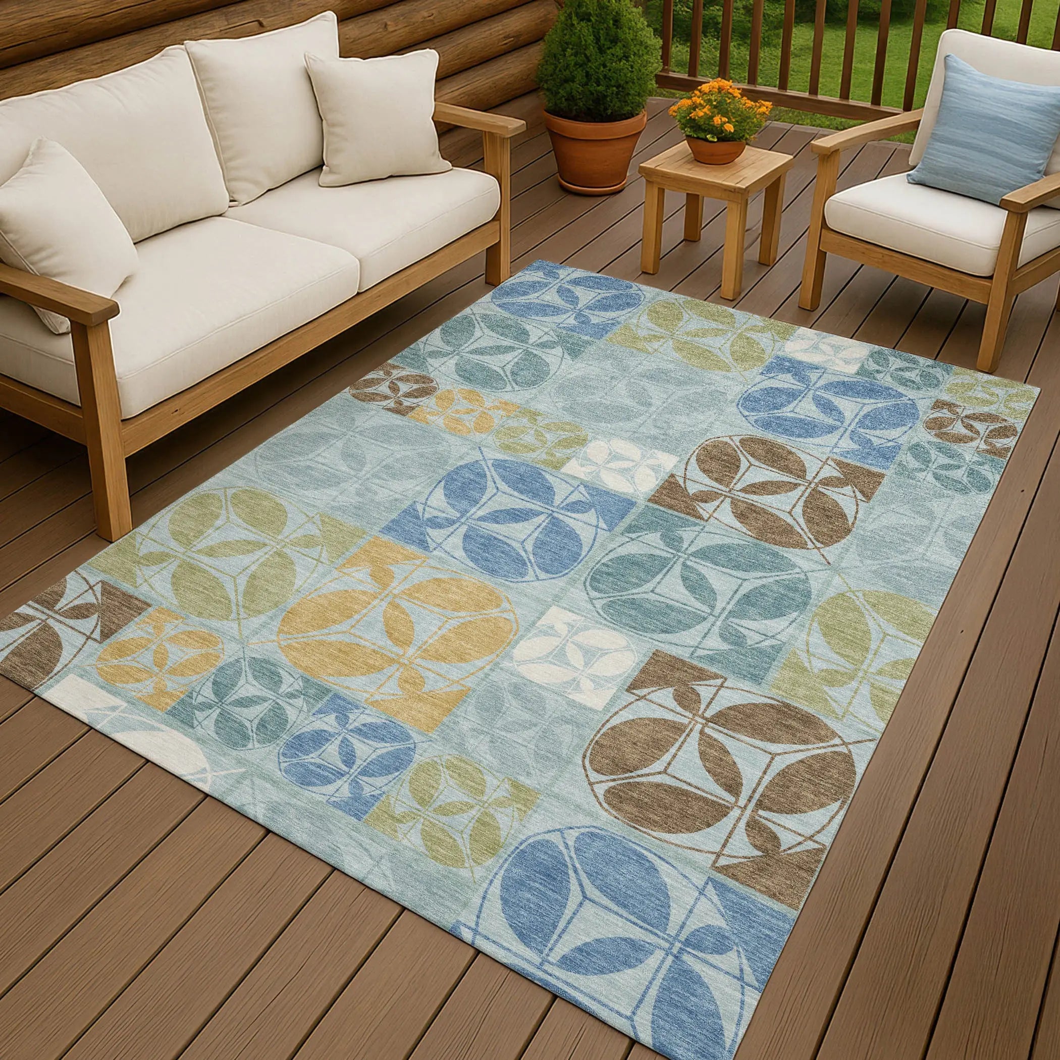 5' X 8' Sky Blue And Blue Geometric Washable Indoor Outdoor Area Rug Homeroots Outdoor