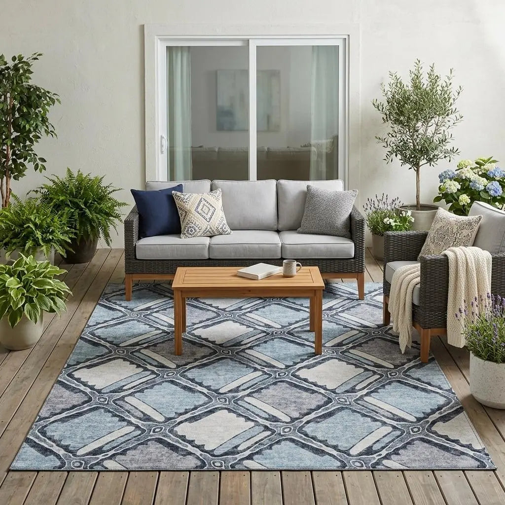 5' X 8' Sky Blue And Blue Geometric Washable Indoor Outdoor Area Rug Homeroots Outdoor