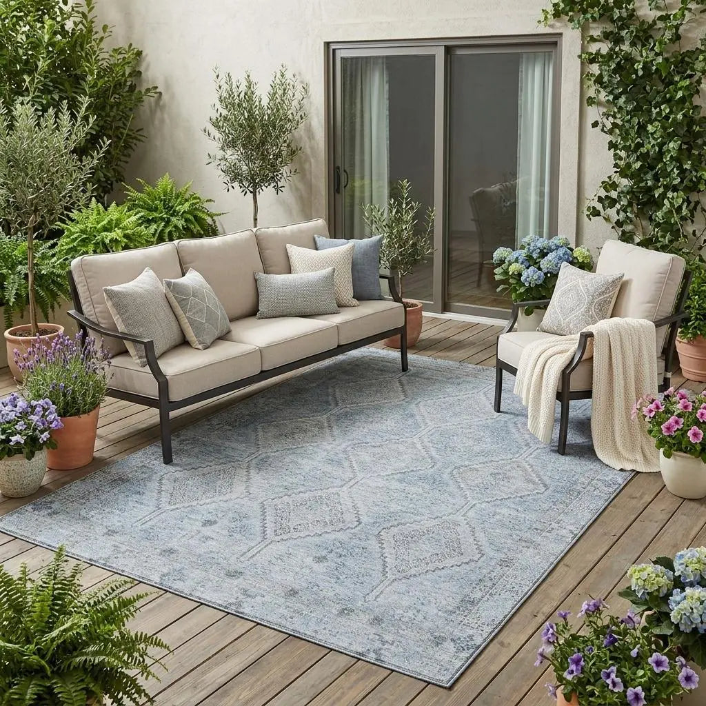 5' X 8' Sky Blue And Blue Geometric Washable Indoor Outdoor Area Rug Homeroots Outdoor