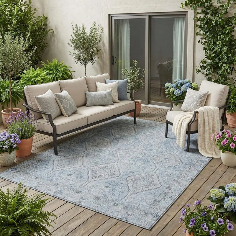 5' X 8' Sky Blue And Blue Geometric Washable Indoor Outdoor Area Rug Homeroots Outdoor