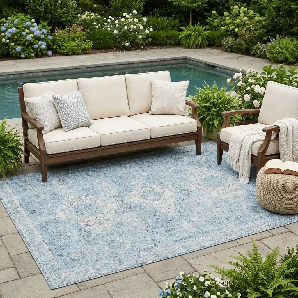 5' X 8' Sky Blue And Blue Oriental Washable Indoor Outdoor Area Rug Homeroots Outdoor