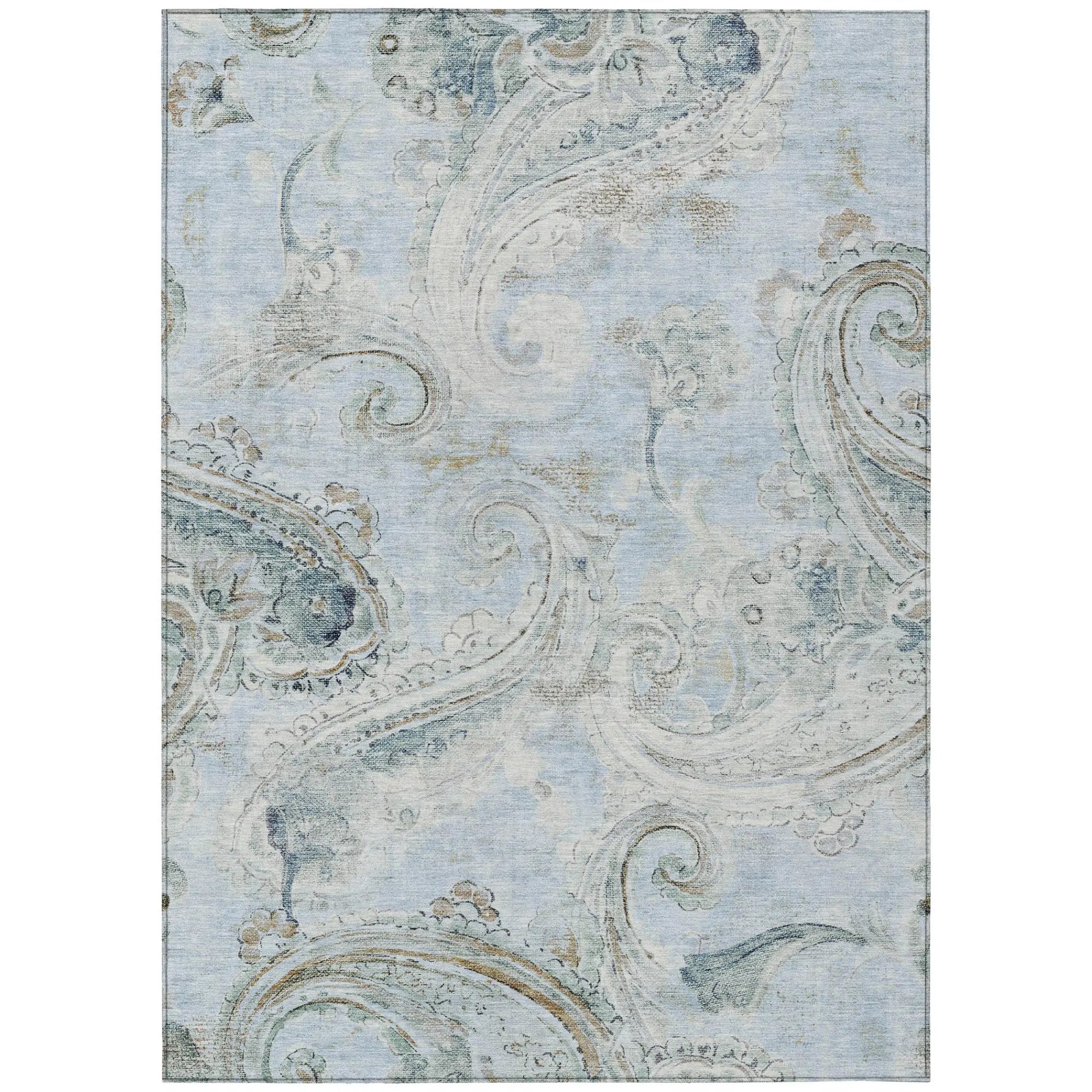 5' X 8' Sky Blue And Blue Paisley Washable Indoor Outdoor Area Rug Homeroots Outdoor