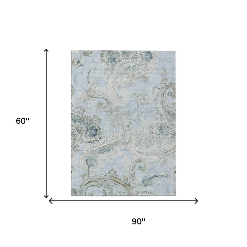 5' X 8' Sky Blue And Blue Paisley Washable Indoor Outdoor Area Rug Homeroots Outdoor