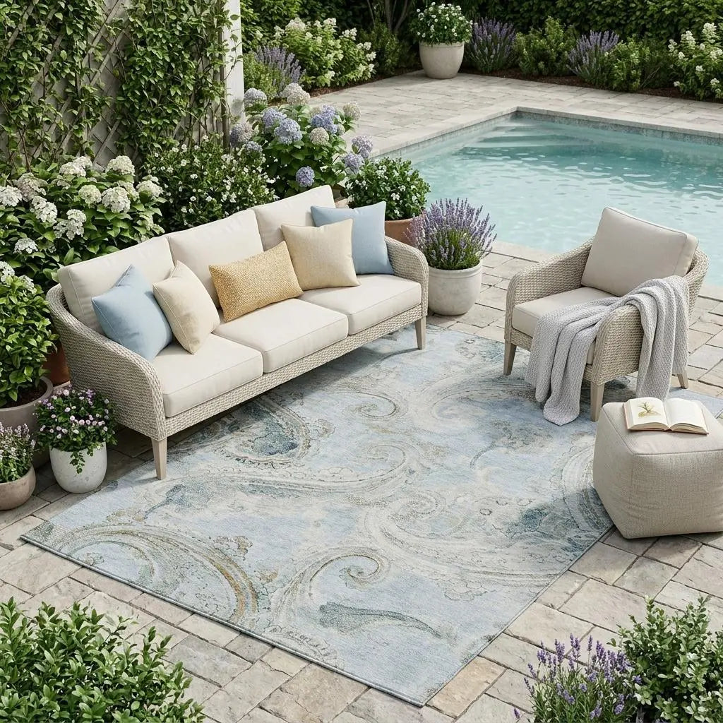 5' X 8' Sky Blue And Blue Paisley Washable Indoor Outdoor Area Rug Homeroots Outdoor