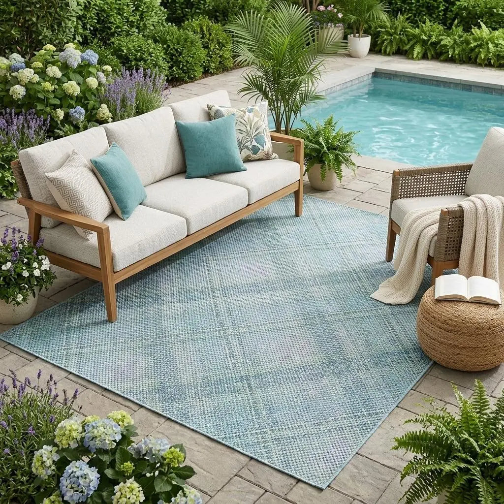 5' X 8' Sky Blue And Blue Plaid Washable Indoor Outdoor Area Rug Homeroots Outdoor