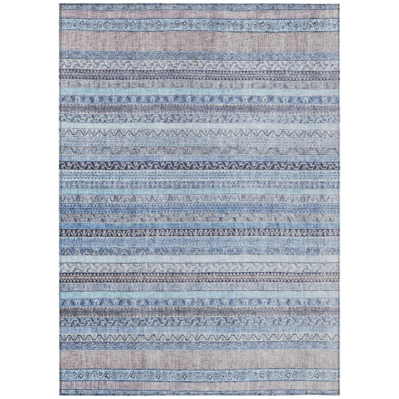 Blue and gray patterned area rug, featuring intricate geometric designs in durable synthetic fibers.