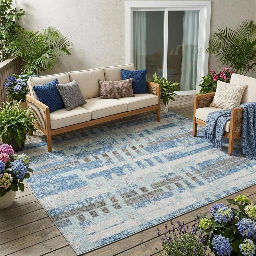 5' X 8' Sky Blue And Blue Striped Washable Indoor Outdoor Area Rug Homeroots Outdoor