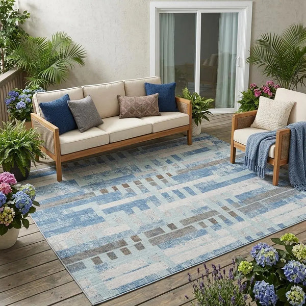 5' X 8' Sky Blue And Blue Striped Washable Indoor Outdoor Area Rug Homeroots Outdoor