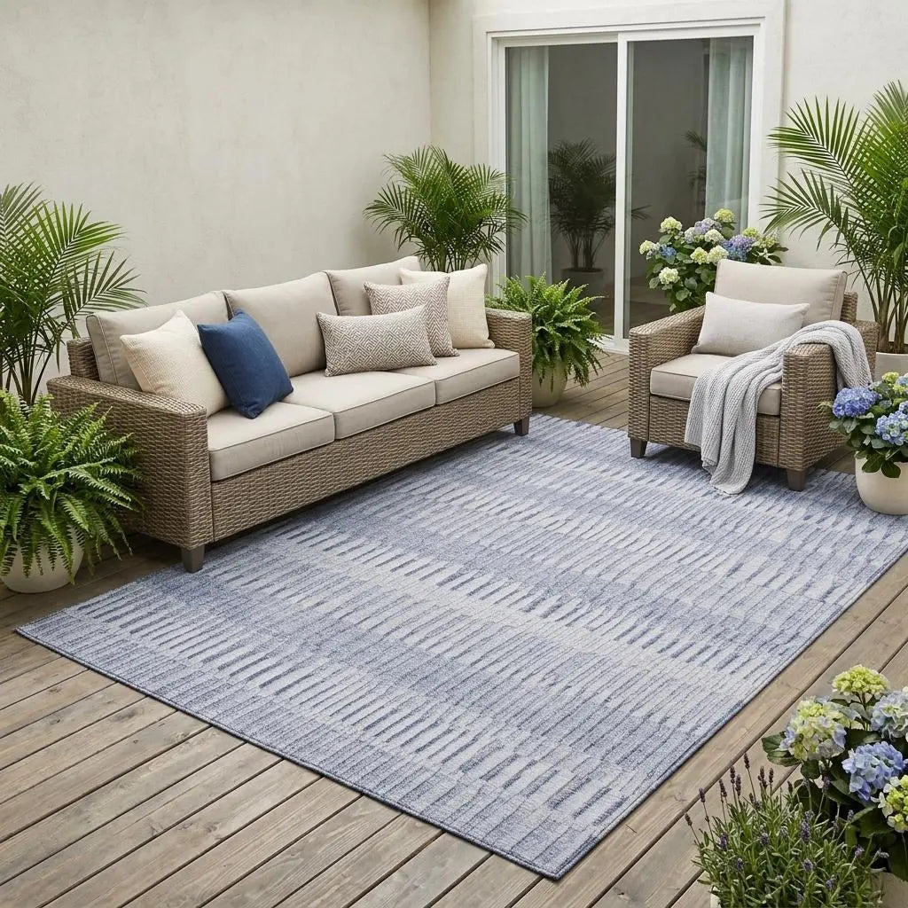 5' X 8' Sky Blue And Blue Striped Washable Indoor Outdoor Area Rug Homeroots Outdoor
