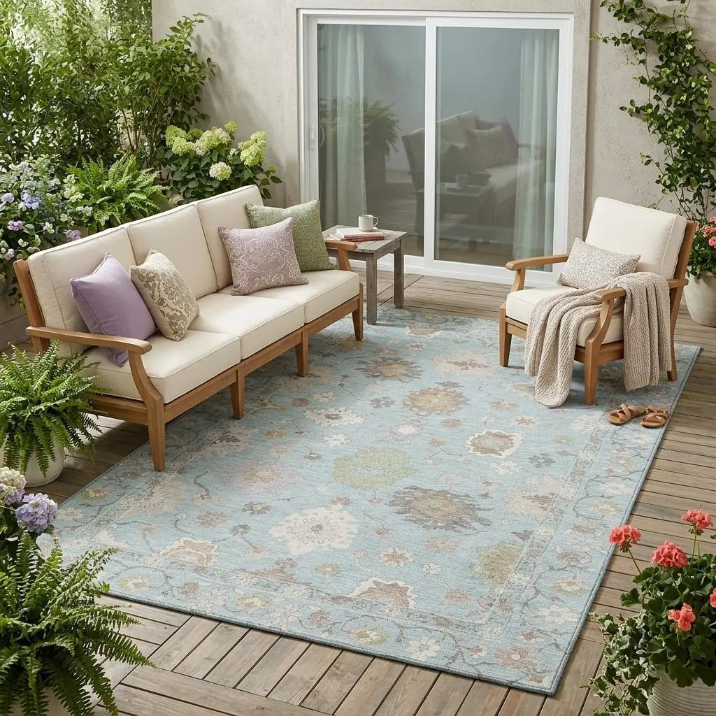 5' X 8' Sky Blue And Copper Oriental Washable Indoor Outdoor Area Rug Homeroots Outdoor