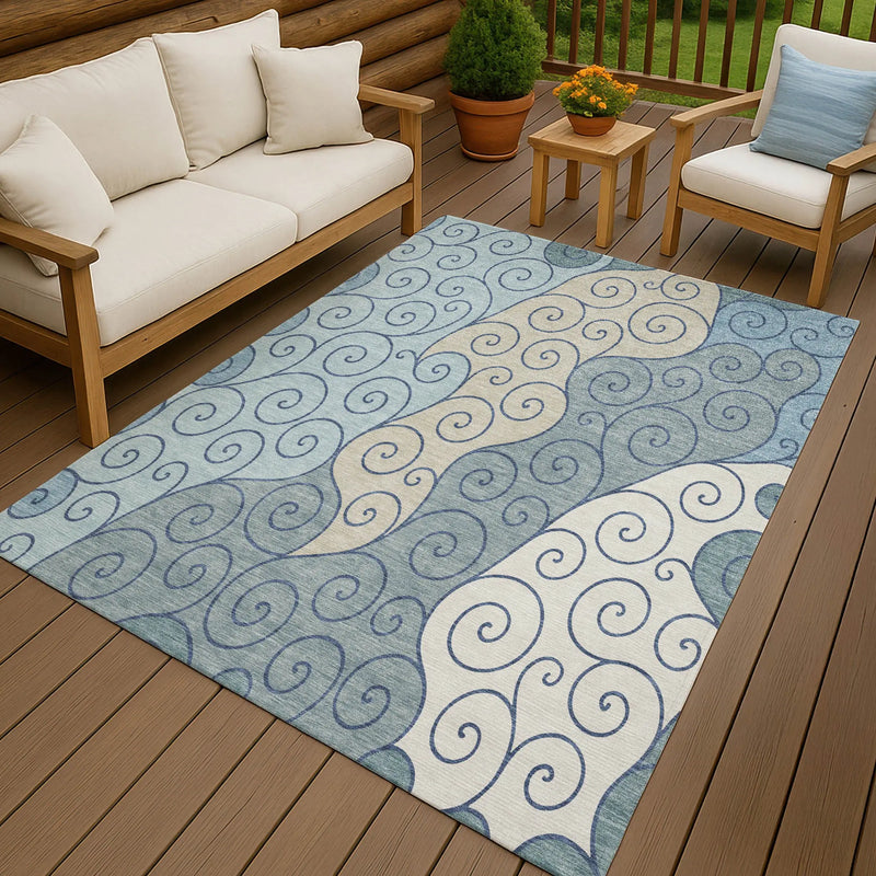 5' X 8' Sky Blue And Denim Blue Abstract Washable Indoor Outdoor Area Rug Homeroots Outdoor
