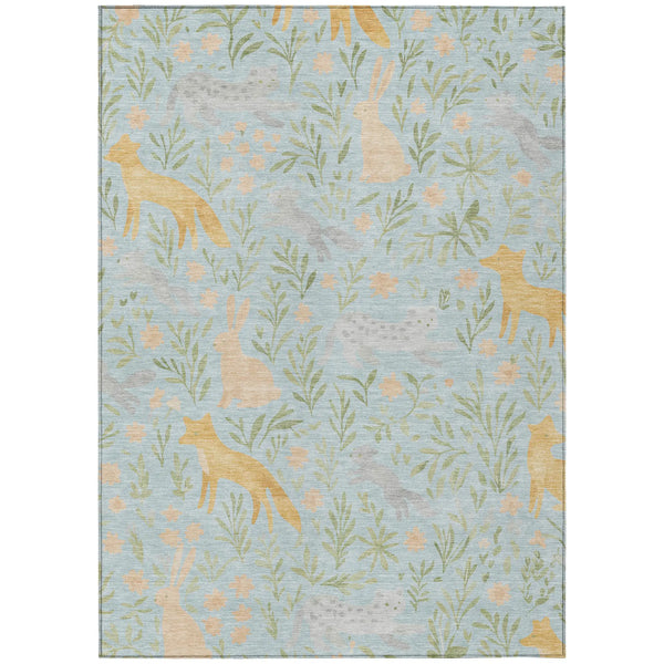 5' X 8' Sky Blue And Green Botanical Leaves Washable Indoor Outdoor Area Rug Homeroots Outdoor