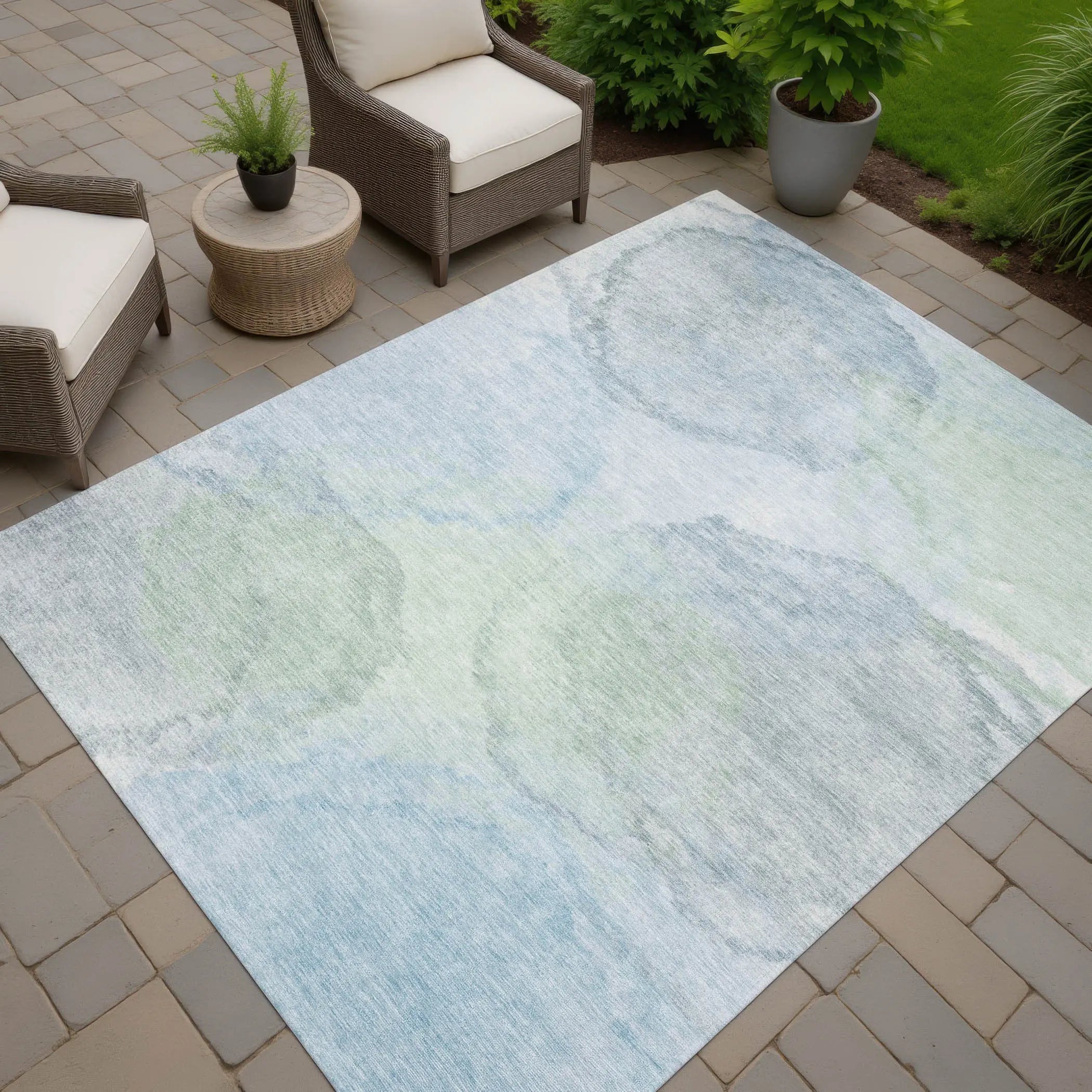 5' X 8' Sky Blue And Mint Green Abstract Washable Indoor Outdoor Area Rug Homeroots Outdoor