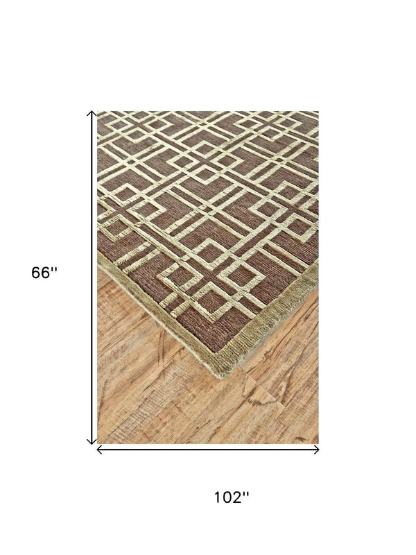 5' X 8' Tan And Ivory Wool Geometric Hand Knotted Area Rug Homeroots Home Decor