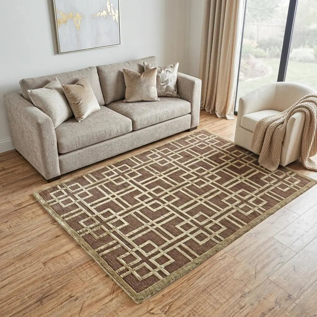 5' X 8' Tan And Ivory Wool Geometric Hand Knotted Area Rug Homeroots Home Decor