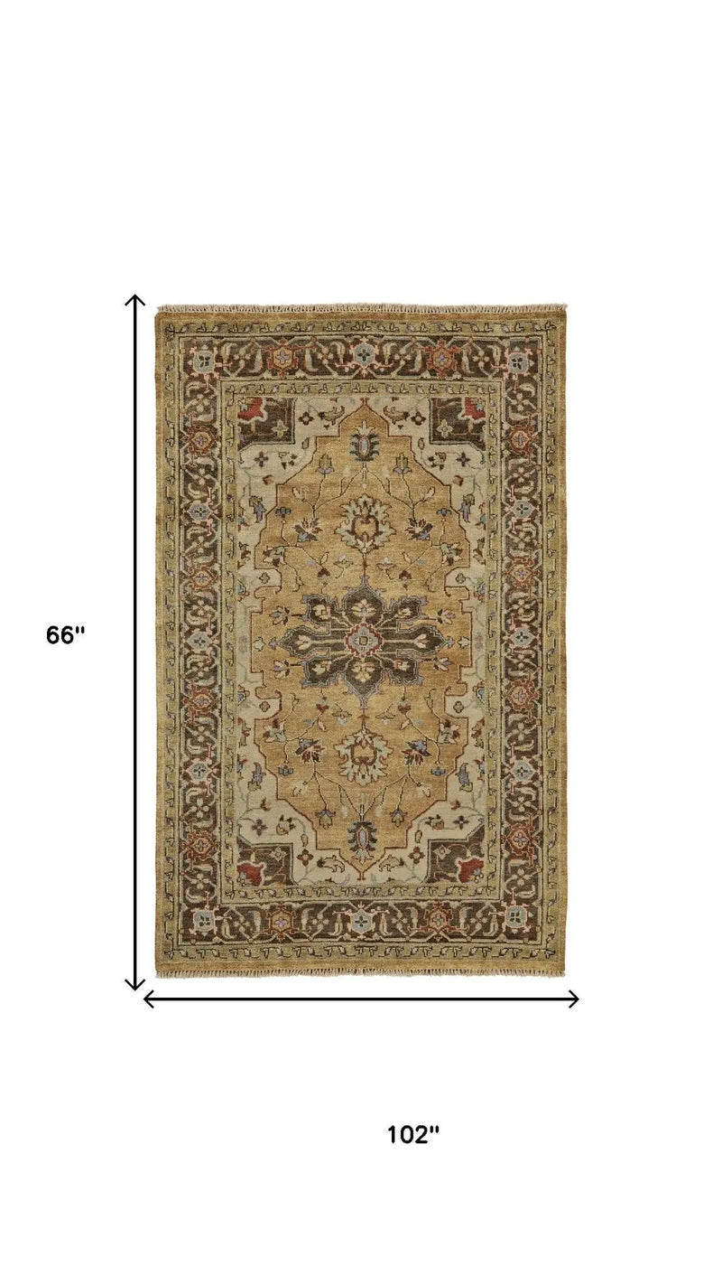5' X 8' Tan Gold And Taupe Wool Oriental Hand Knotted Area Rug Homeroots Home Decor