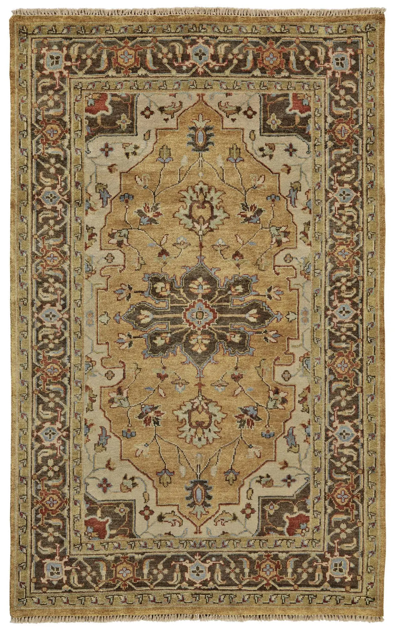 5' X 8' Tan Gold And Taupe Wool Oriental Hand Knotted Area Rug Homeroots Home Decor