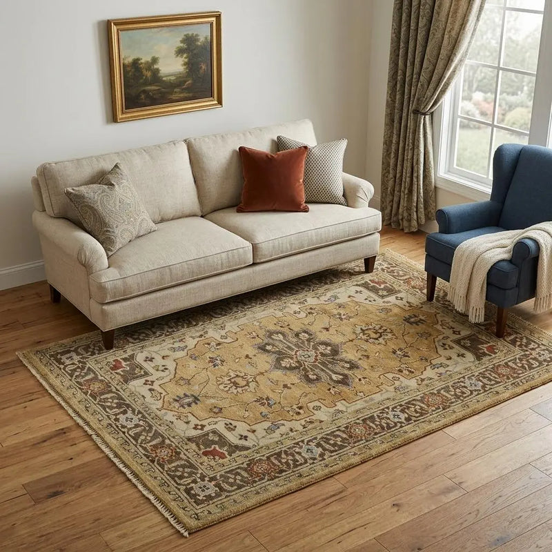 5' X 8' Tan Gold And Taupe Wool Oriental Hand Knotted Area Rug Homeroots Home Decor