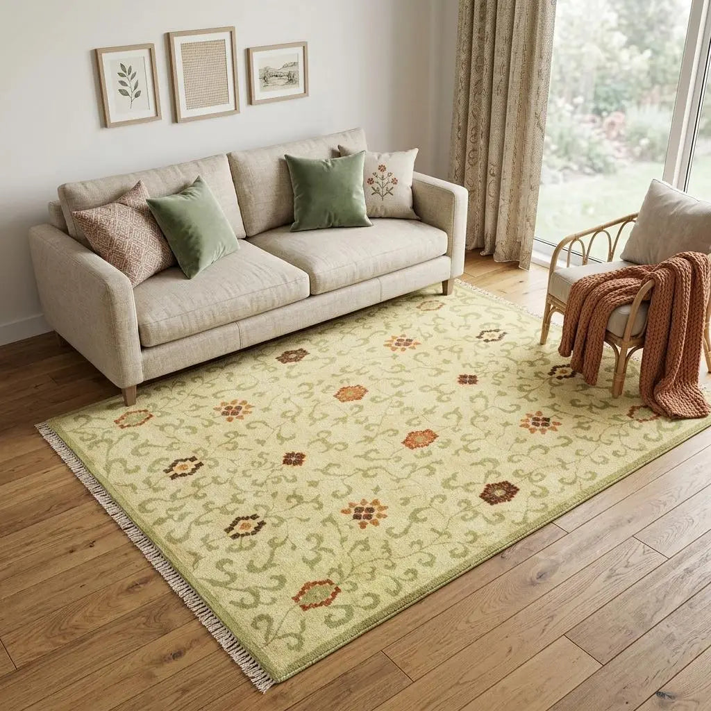 5' X 8' Tan Green And Orange Wool Floral Hand Knotted Area Rug With Fringe Homeroots Home Decor