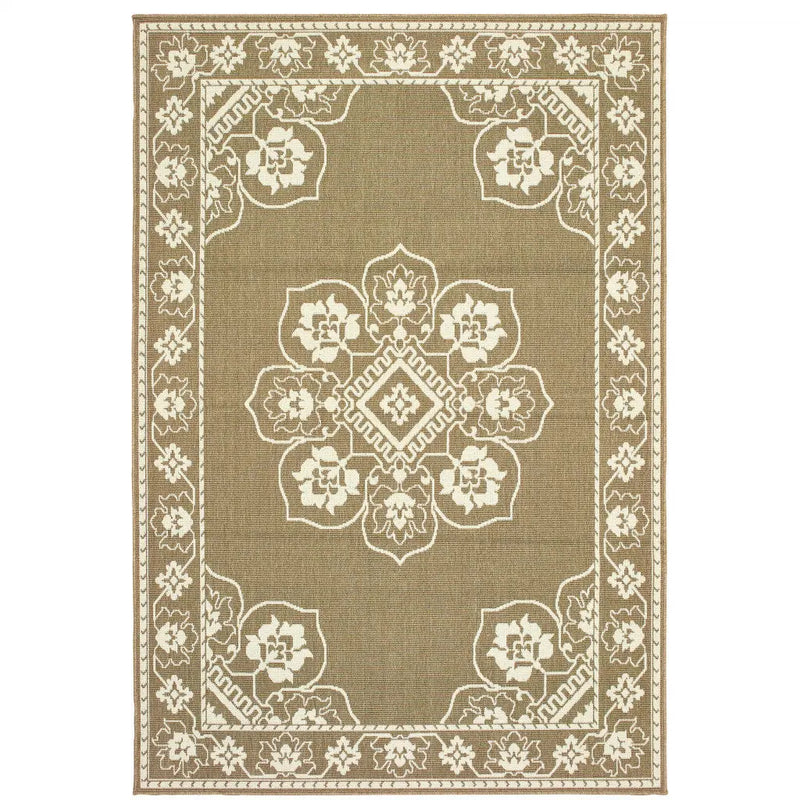 5' X 8' Tan Oriental Stain Resistant Indoor Outdoor Area Rug Homeroots Outdoor