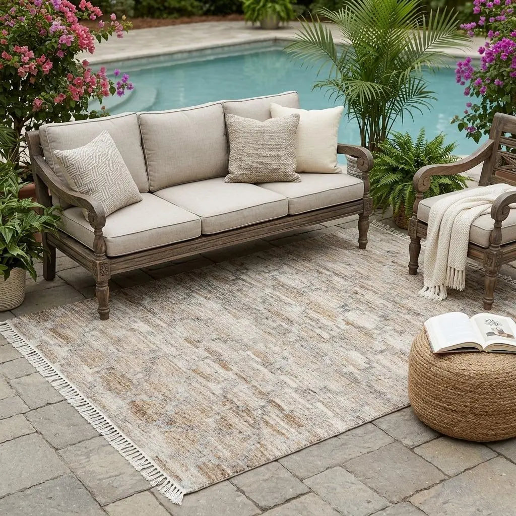 5' X 8' Tan and Gray Geometric Hand Woven Area Rug With Fringe Homeroots Outdoor