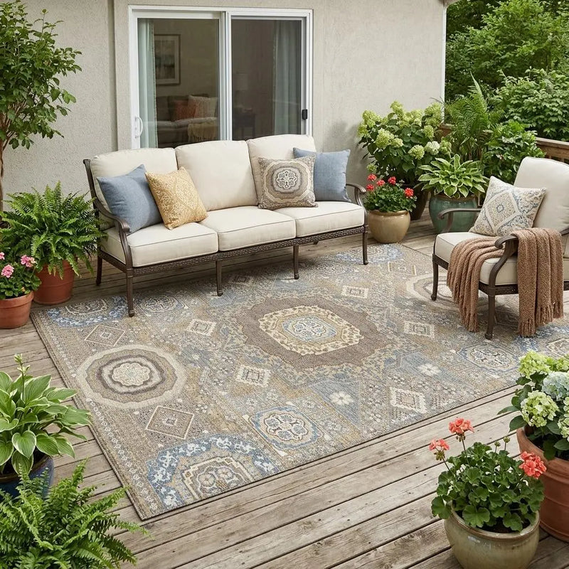 5' X 8' Taupe And Beige Oriental Washable Indoor Outdoor Area Rug Homeroots Outdoor